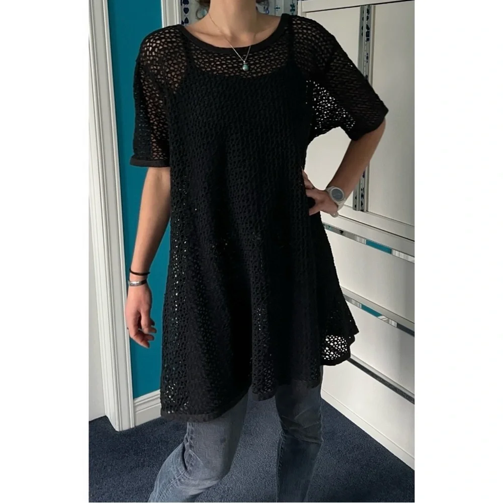 🇨🇦Retro big hole diamond net long tunic or short dress black- versatile style - Picture 11 of 16
